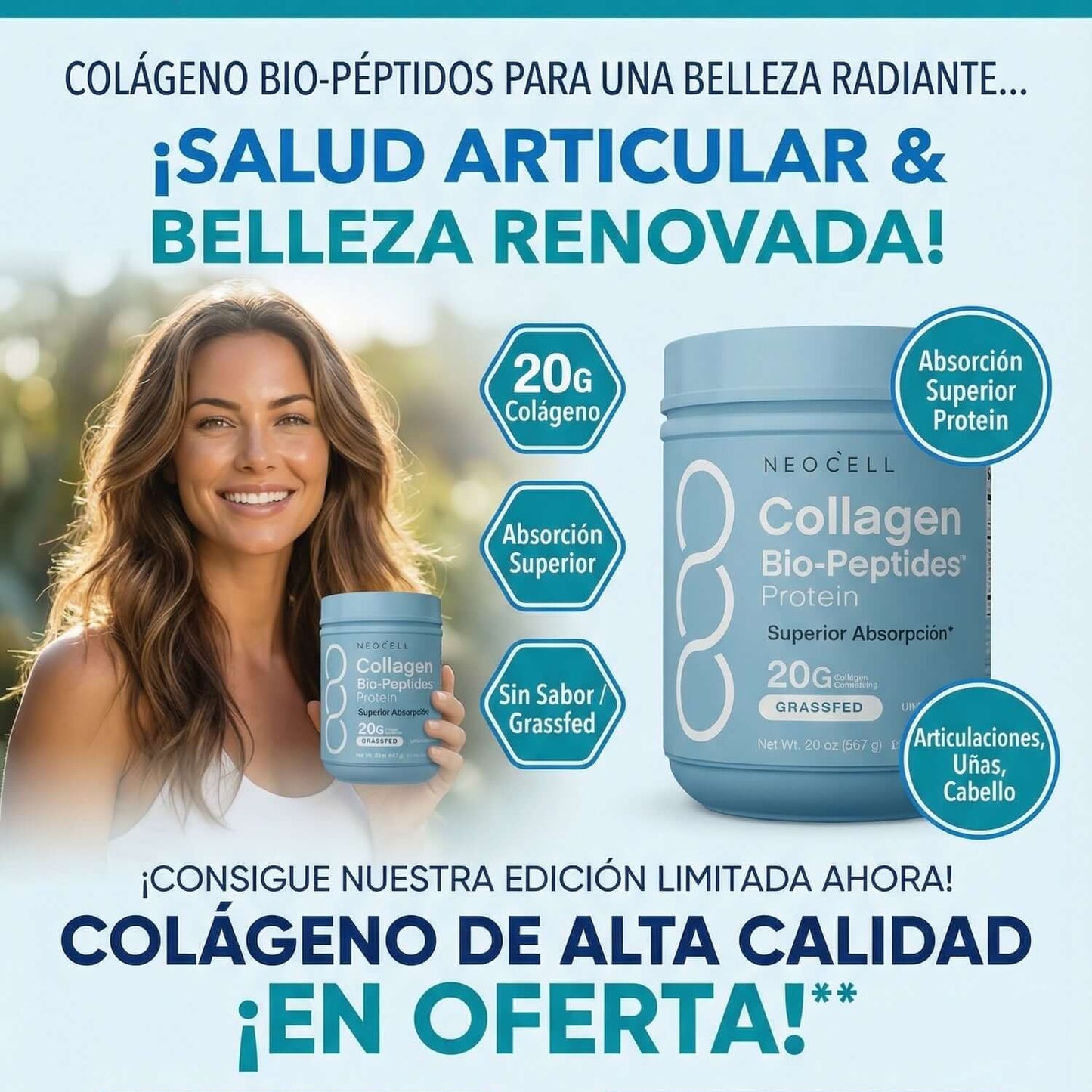 Colágeno NeoCell Premium 283g (10 Oz)| Fórmula avanzada con Biopéptidos- Suplemento de proteína para el cabello, la piel y las uñas - Absorción superior